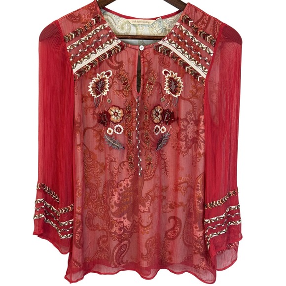 Soft Surroundings Tops - Soft Surroundings Samara Tunic Dark Coral Sheer Embroidered Boho Floral Sz Small